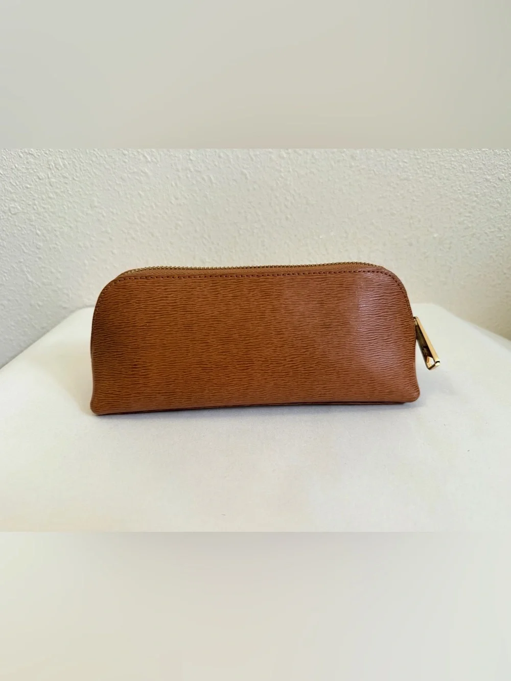 Lauren Ralph Lauren Brown Textured Makeup Cosmetic Pencil Case Gold Hardware